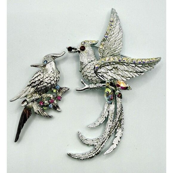 Set Of 2 Vtg Brooches Pins Bird Of Paradise Dodds Silver Tone & Small Unbranded - Picture 1 of 12